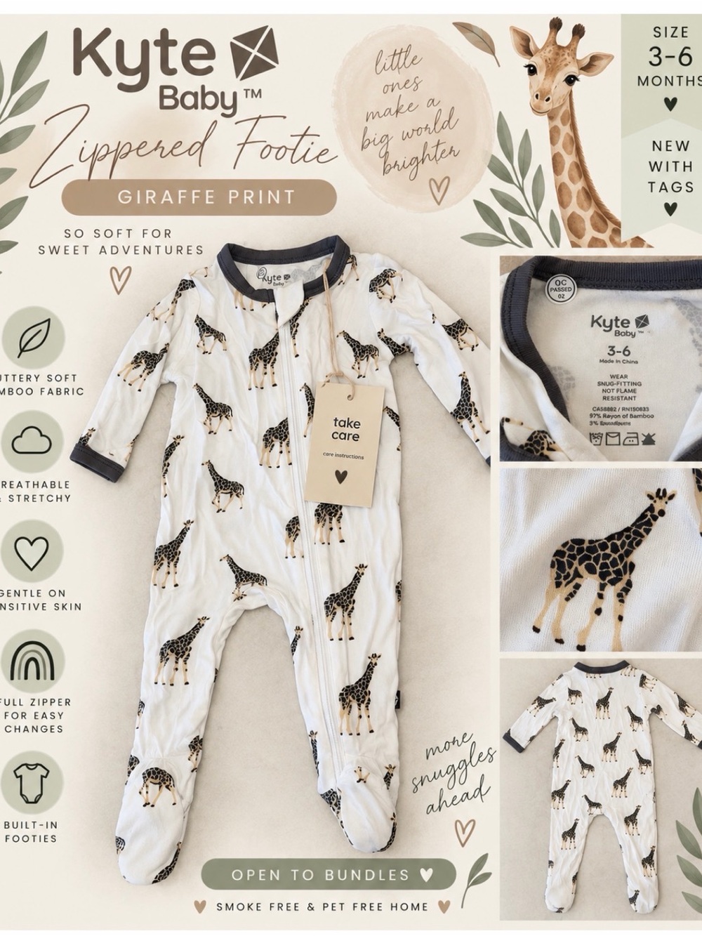 🦒 Kyte Baby Giraffe Zippered Footie – 3–6 Months – NWT